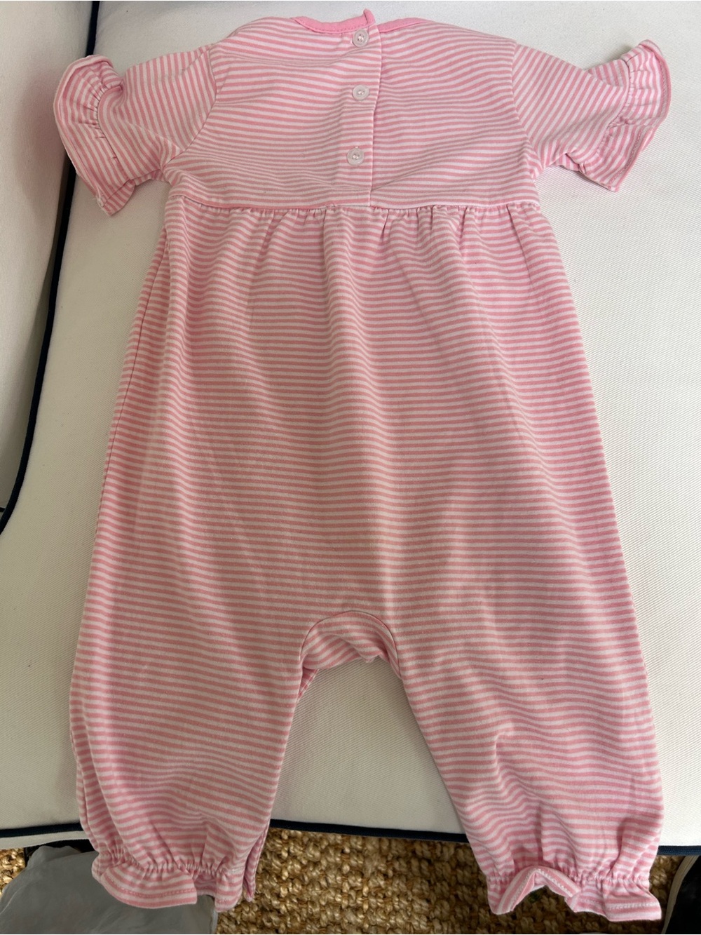 New Stitchy Fish Pink 12m Striped Baby One-Piece Romper with Puppy Motif - Picture 3 of 3